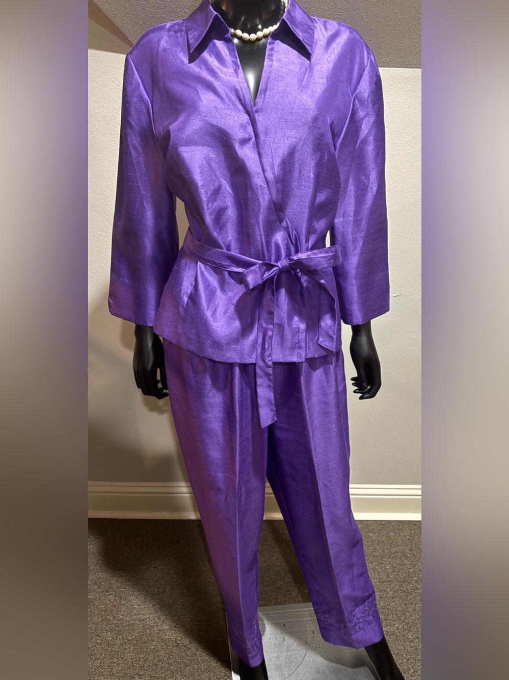 Sag Harbor Purple Wrap Front Pants Suit Set Size 18 Silk Feel Polyester